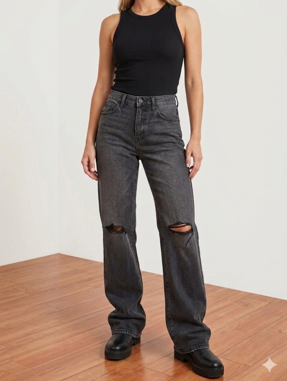Kancan High-Rise Black Distressed Wide-Leg Jeans
